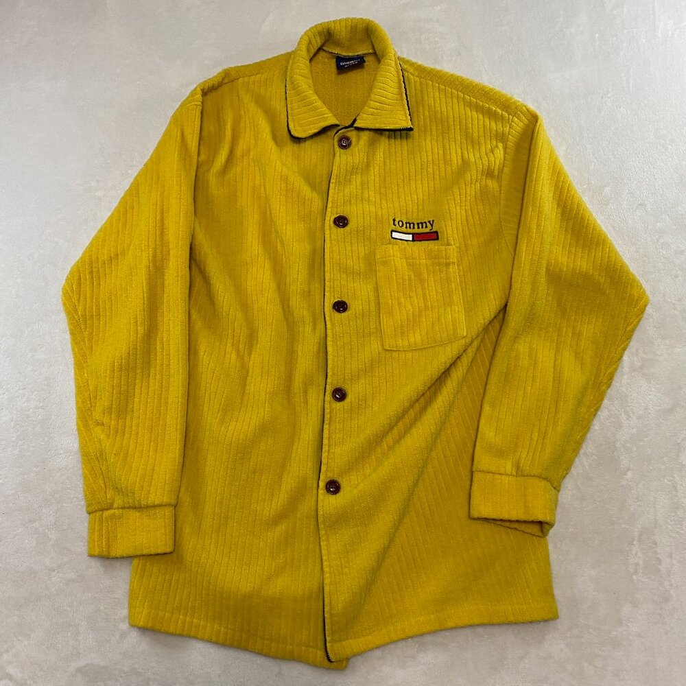 Tommy Hilfiger XL Yellow Fleece Button Up Shirt Y2K